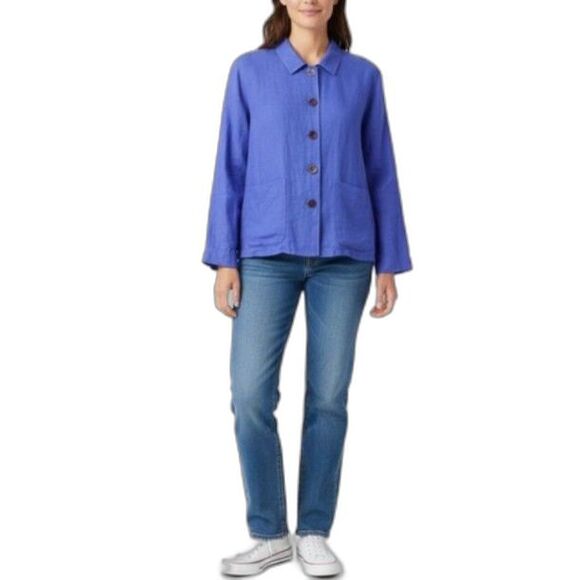Flax NWOT Periwinkle Blue 100% Linen Lagenlook Boxy Button Up Shirt Jacket Sz S - Picture 1 of 10
